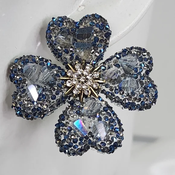 Blue Iridescent Crystal Clover Flower Earrings - Picture 3 of 6